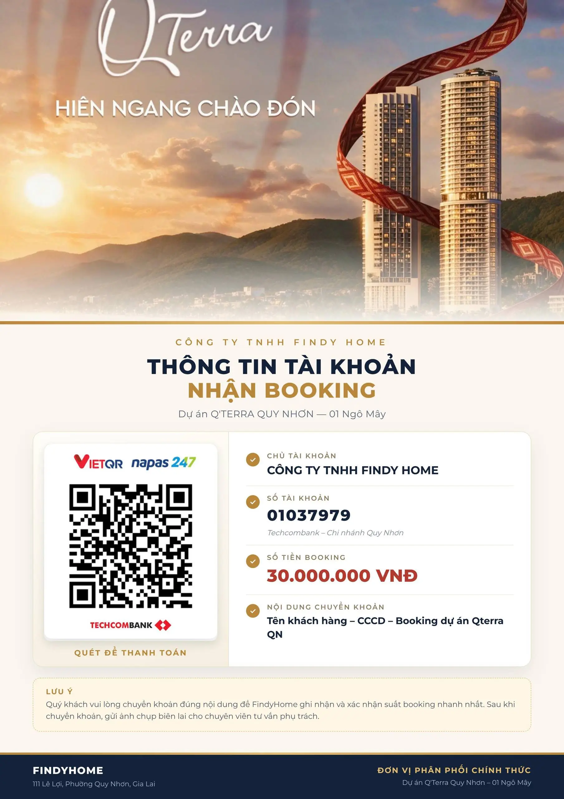 Chính thức nhận booking toà tháp căn hộ Q'Terra, thông tin chuyển khoản và mã QR