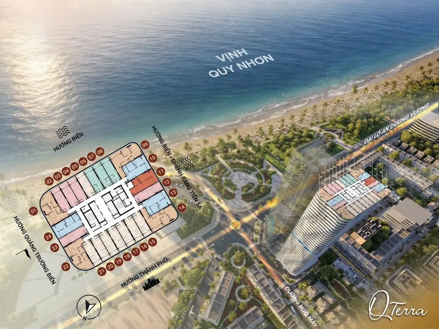 Mặt bằng tầng điển hình Q'Terra trên phối cảnh vị trí, hướng biển Vịnh Quy Nhơn, Ghềnh Ráng Tiên Sa, thành phố và quảng trường