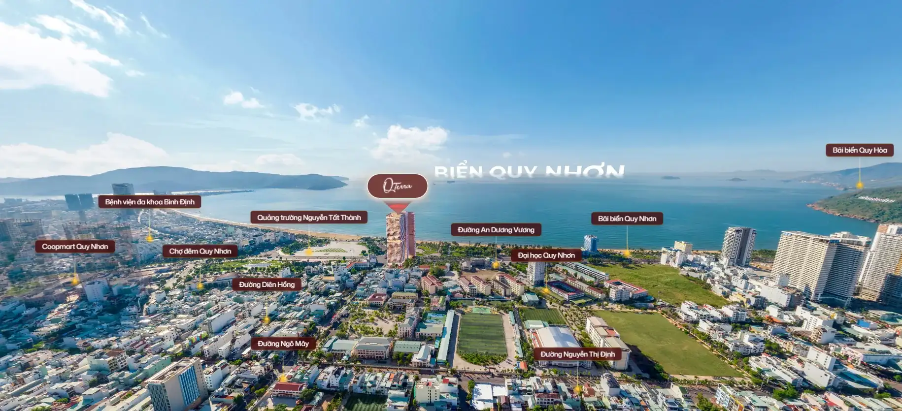 Toàn cảnh Q'Terra giữa quảng trường Nguyễn Tất Thành, biển Quy Nhơn và các tiện ích quanh dự án